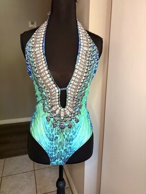 J. Squad peacock Green Blue Printed One-Piece Swimsuit w corset back